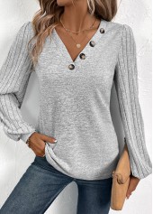 Light Grey plus size,Plain Color plus size,ROTITA Plus Size Patchwork Light Grey V Neck T Shirt