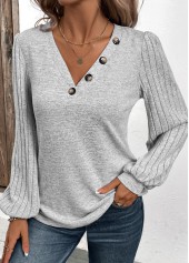 Light Grey plus size,Plain Color plus size,ROTITA Plus Size Patchwork Light Grey V Neck T Shirt