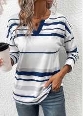 t-shirt à manches longues à col fendu rayé patchwork blanc rotita
