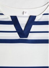 White plus size,Striped plus size,Geometric plus size,ROTITA Plus Size Patchwork White Striped Split Neck T Shirt