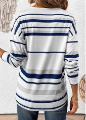 White plus size,Striped plus size,Geometric plus size,ROTITA Plus Size Patchwork White Striped Split Neck T Shirt