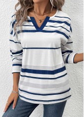 White plus size,Striped plus size,Geometric plus size,ROTITA Plus Size Patchwork White Striped Split Neck T Shirt