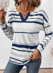 White plus size,Striped plus size,Geometric plus size,ROTITA Plus Size Patchwork White Striped Split Neck T Shirt