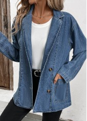 Denim Blue tops,Denim-Effect Print tops,Patchwork Denim Blue Lapel Long Sleeve Coat
