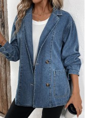 Denim Blue tops,Denim-Effect Print tops,Patchwork Denim Blue Lapel Long Sleeve Coat