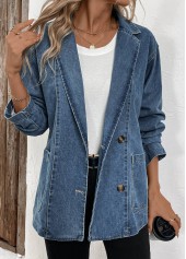 Denim Blue tops,Denim-Effect Print tops,Patchwork Denim Blue Lapel Long Sleeve Coat