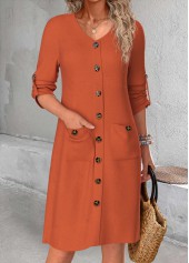 Terracotta dresses,Plain Color dresses,Everyday dresses,Casual dresses,ROTITA Button Terracotta A Line V Neck Long Sleeve Dress