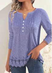 Dusty Purple tops,Plain Color tops,ROTITA Embroidery Dusty Purple Split Neck Long Sleeve T Shirt