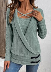 Green tops,Plain Color tops,ROTITA Surplice Green V Neck Fake Two Piece Twinset