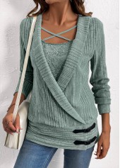 Green tops,Plain Color tops,ROTITA Surplice Green V Neck Fake Two Piece Twinset