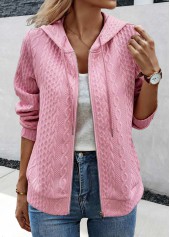 Pink tops,Plain Color tops,ROTITA Jacquard Pink Long Sleeve Zipper Hoodie