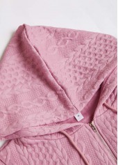 Pink tops,Plain Color tops,ROTITA Jacquard Pink Long Sleeve Zipper Hoodie