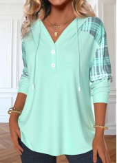 Light Green tops,Plaid tops,ROTITA Patchwork Plaid Light Green Long Sleeve Hoodie