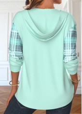 Light Green tops,Plaid tops,ROTITA Patchwork Plaid Light Green Long Sleeve Hoodie