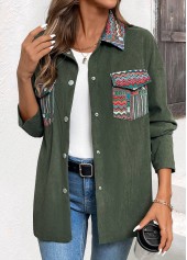 Green tops,Tribal tops,ROTITA Corduroy Tribal Print Green Turn Down Collar Coat