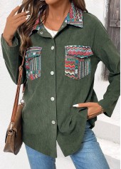 Green tops,Tribal tops,ROTITA Corduroy Tribal Print Green Turn Down Collar Coat
