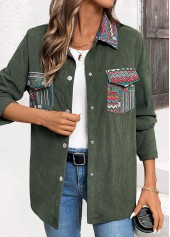 Green tops,Tribal tops,ROTITA Corduroy Tribal Print Green Turn Down Collar Coat