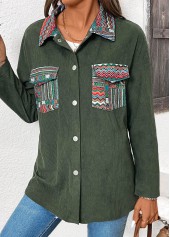 Green tops,Tribal tops,ROTITA Corduroy Tribal Print Green Turn Down Collar Coat