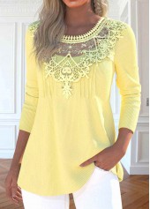 Light Yellow tops,Plain Color tops,ROTITA Patchwork Light Yellow Round Neck Long Sleeve T Shirt