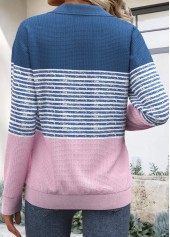 Dusty Blue tops,Pink tops,Striped tops,Geometric tops,ROTITA Zipper Striped Dusty Blue Turn Down Collar Sweatshirt