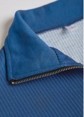 Dusty Blue tops,Pink tops,Striped tops,Geometric tops,ROTITA Zipper Striped Dusty Blue Turn Down Collar Sweatshirt