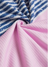 Dusty Blue tops,Pink tops,Striped tops,Geometric tops,ROTITA Zipper Striped Dusty Blue Turn Down Collar Sweatshirt