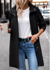 Black tops,Plain Color tops,Removable Hood Black Hooded Long Sleeve Trench Coat