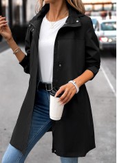 Black tops,Plain Color tops,Removable Hood Black Hooded Long Sleeve Trench Coat