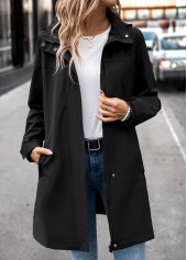 Black tops,Plain Color tops,Removable Hood Black Hooded Long Sleeve Trench Coat