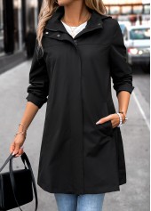 Black tops,Plain Color tops,Removable Hood Black Hooded Long Sleeve Trench Coat