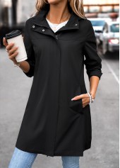 Black tops,Plain Color tops,Removable Hood Black Hooded Long Sleeve Trench Coat