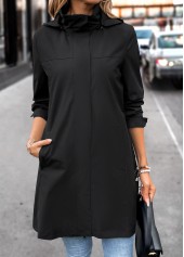 Black tops,Plain Color tops,Removable Hood Black Hooded Long Sleeve Trench Coat