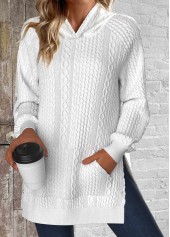 White tops,Plain Color tops,ROTITA Split Pocket White Long Sleeve Hoodie
