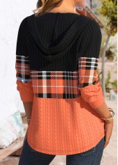 Orange tops,Black tops,Plaid tops,ROTITA Patchwork Plaid Orange Long Sleeve Hoodie