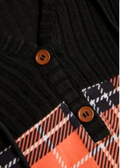 Orange tops,Black tops,Plaid tops,ROTITA Patchwork Plaid Orange Long Sleeve Hoodie