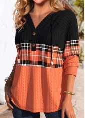 Orange tops,Black tops,Plaid tops,ROTITA Patchwork Plaid Orange Long Sleeve Hoodie