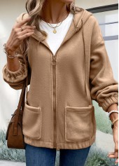 Light Coffee tops,Plain Color tops,ROTITA Plush Light Coffee Long Sleeve Hoodie