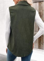 Olive Green tops,Plain Color tops,ROTITA Patchwork Olive Green Shirt Collar Sleeveless Corduroy Waistcoat