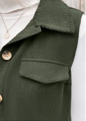 Olive Green tops,Plain Color tops,ROTITA Patchwork Olive Green Shirt Collar Sleeveless Corduroy Waistcoat