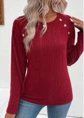 Wine Red tops,Plain Color tops,ROTITA Button Wine Red Round Neck Long Sleeve T Shirt