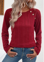 Wine Red tops,Plain Color tops,ROTITA Button Wine Red Round Neck Long Sleeve T Shirt