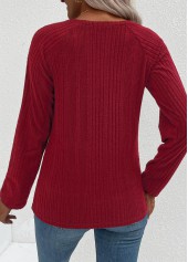 Wine Red tops,Plain Color tops,ROTITA Button Wine Red Round Neck Long Sleeve T Shirt