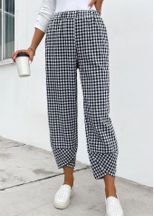 Black bottoms,Plaid bottoms,Plaid Black Elastic Waist High Waisted Pants