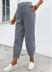Black bottoms,Plaid bottoms,Plaid Black Elastic Waist High Waisted Pants