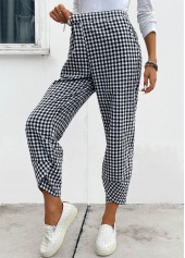 Black bottoms,Plaid bottoms,Plaid Black Elastic Waist High Waisted Pants