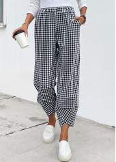 Black bottoms,Plaid bottoms,Plaid Black Elastic Waist High Waisted Pants