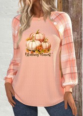 Dusty Pink plus size,Halloween plus size,Plaid plus size,Letter plus size,ROTITA Halloween Plus Size Patchwork Dusty Pink Round Neck Sweatshirt