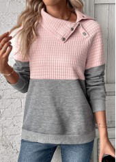 Grey tops,Light Pink tops,Contrast Color tops,ROTITA Patchwork Grey Asymmetrical Neck Long Sleeve Sweatshirt