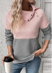 Grey tops,Light Pink tops,Contrast Color tops,ROTITA Patchwork Grey Asymmetrical Neck Long Sleeve Sweatshirt