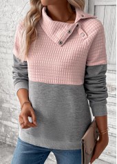 Grey tops,Light Pink tops,Contrast Color tops,ROTITA Patchwork Grey Asymmetrical Neck Long Sleeve Sweatshirt